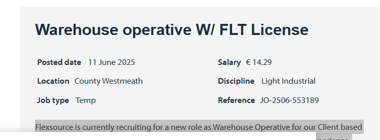 Warehouse operative W/ FLT License