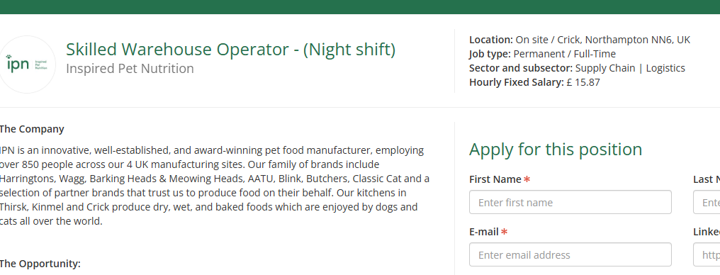 Skilled Warehouse Operator – (Night shift)